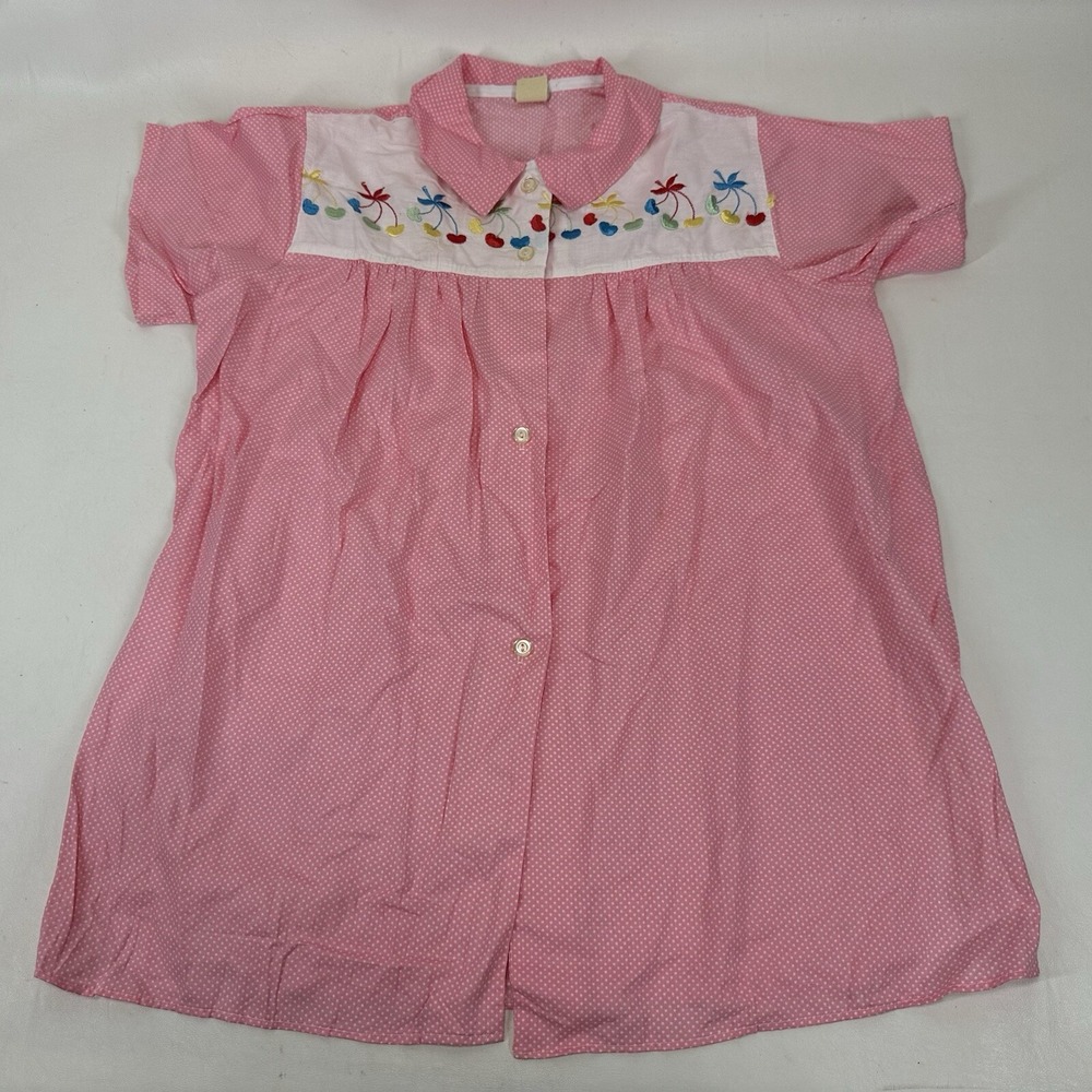 Gaymode Penneys women's sleep shirt blouse pink polkadot embroidered‎ size M Vtg